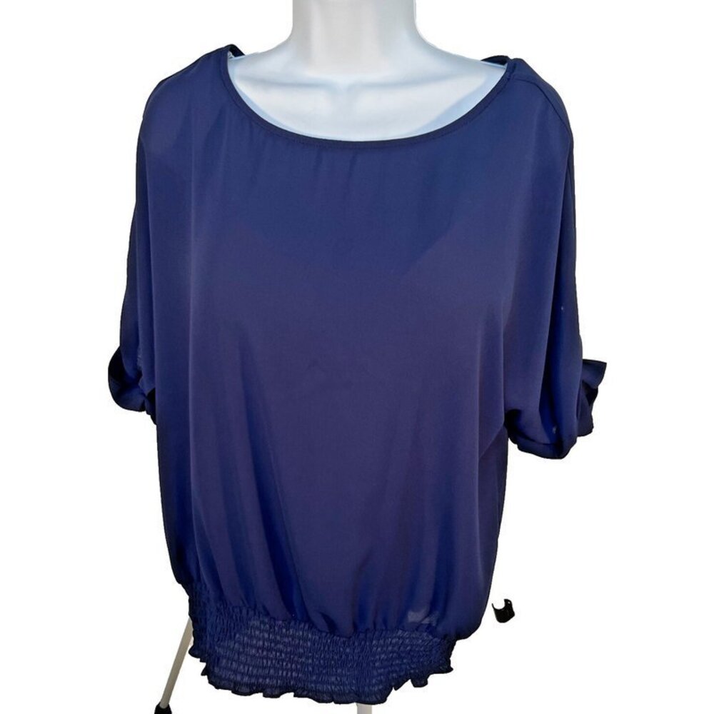 Michael Kors - Women's M Navy Blue Short Grommet Sleeve Gathered Waist Top